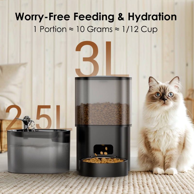 Areker Automatic Cat Feeder with Water Dispenser, 2-in-1 Cat Food Dispenser with Feeding Schedule & Voice Recorder, Dual Power Supply